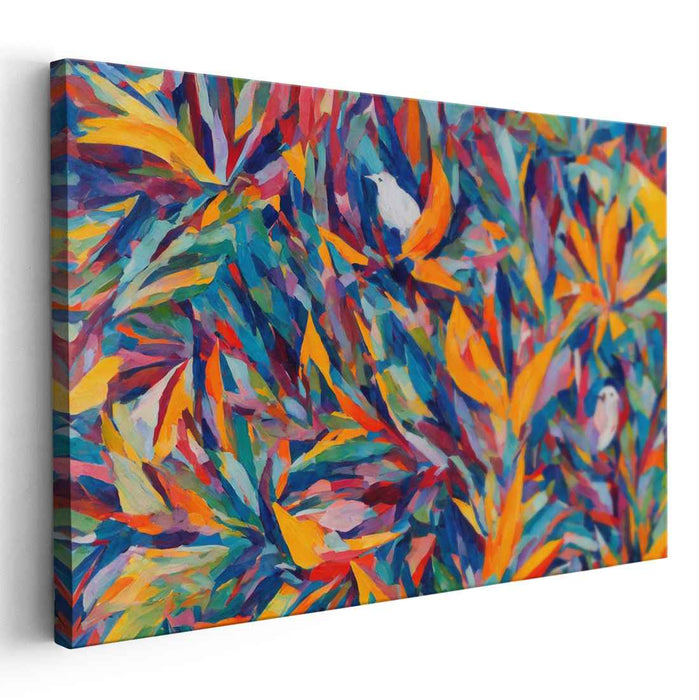Colorful Jungle Harmony: Fauvist-Inspired Birds Among Foliage Canvas Art Print