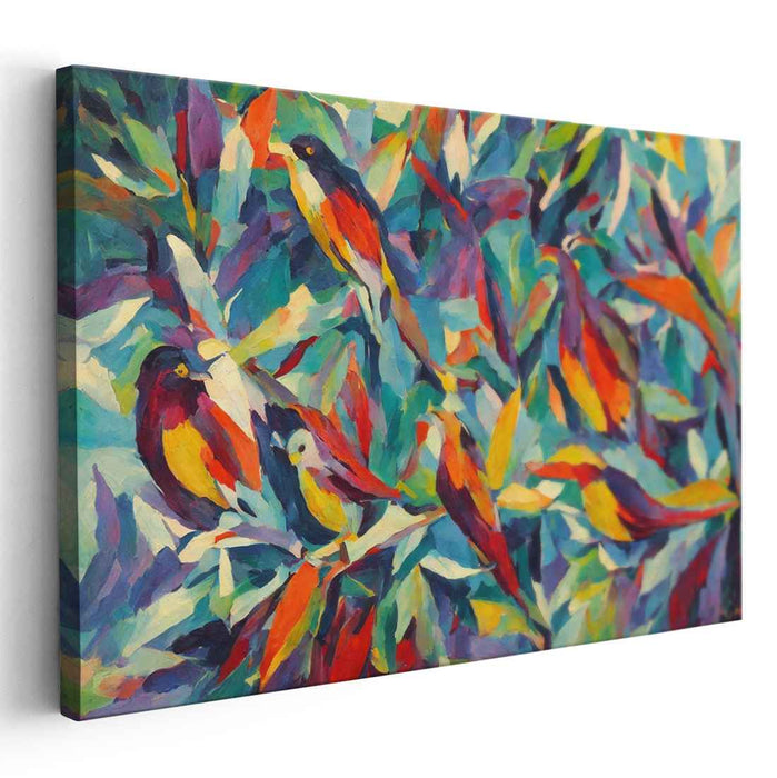 Chromatic Flutters Among Leaves: Fauvist Birds in Vibrant Foliage Canvas Art Print