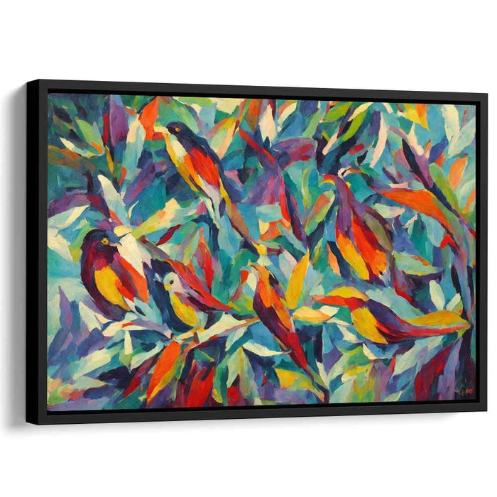 Chromatic Flutters Among Leaves: Fauvist Birds in Vibrant Foliage Canvas Art Print
