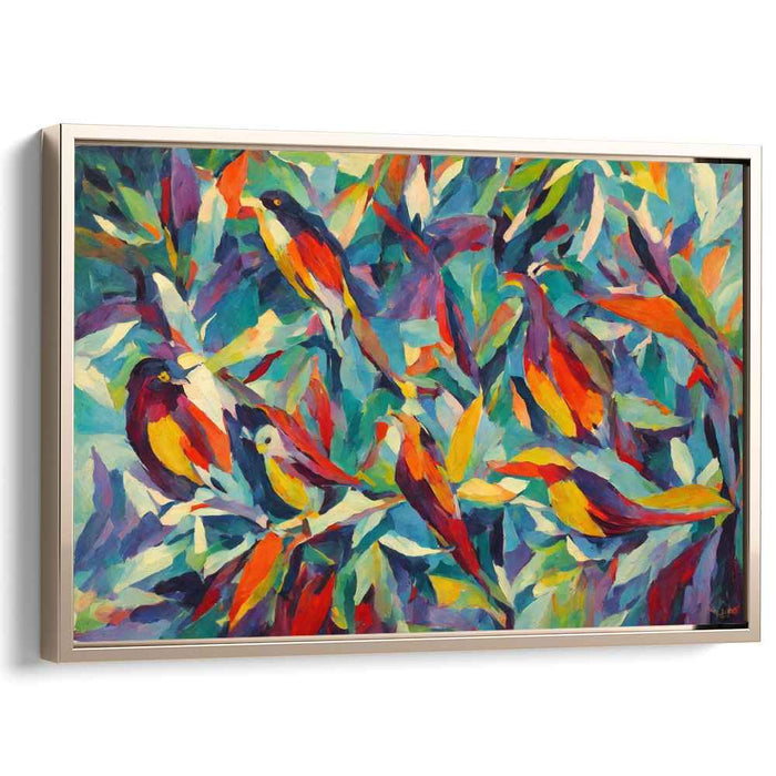 Chromatic Flutters Among Leaves: Fauvist Birds in Vibrant Foliage Canvas Art Print