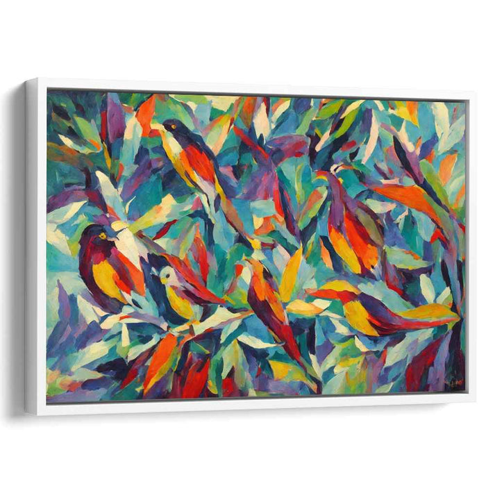 Chromatic Flutters Among Leaves: Fauvist Birds in Vibrant Foliage Canvas Art Print