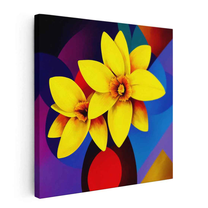 Geometry of Blooming Sun: Modernist Yellow Daffodil Against Geometric Abstraction Canvas Art