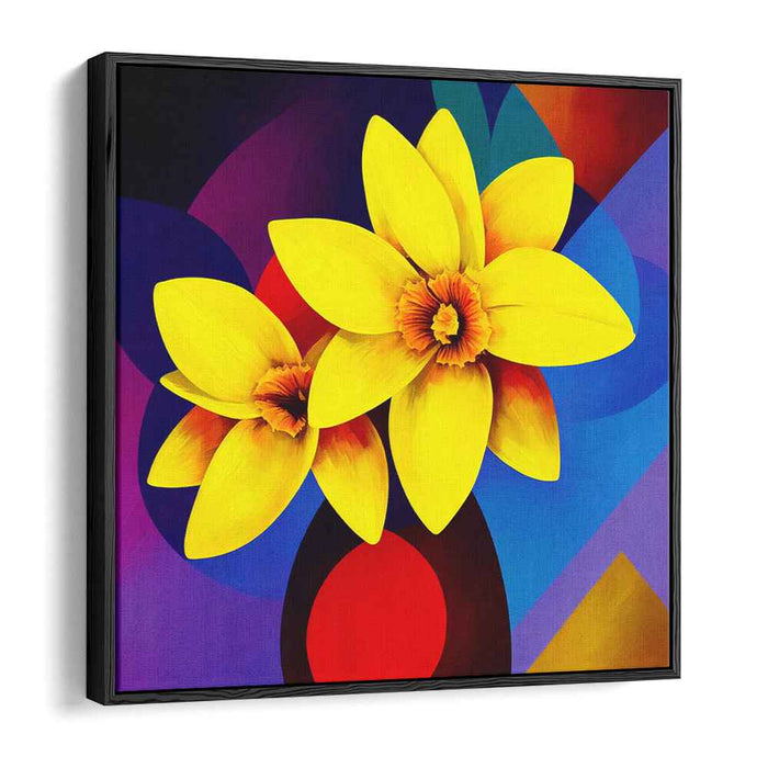 Geometry of Blooming Sun: Modernist Yellow Daffodil Against Geometric Abstraction Canvas Art