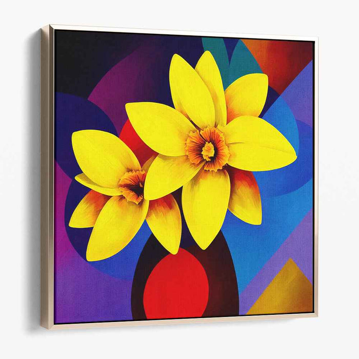 Geometry of Blooming Sun: Modernist Yellow Daffodil Against Geometric Abstraction Canvas Art