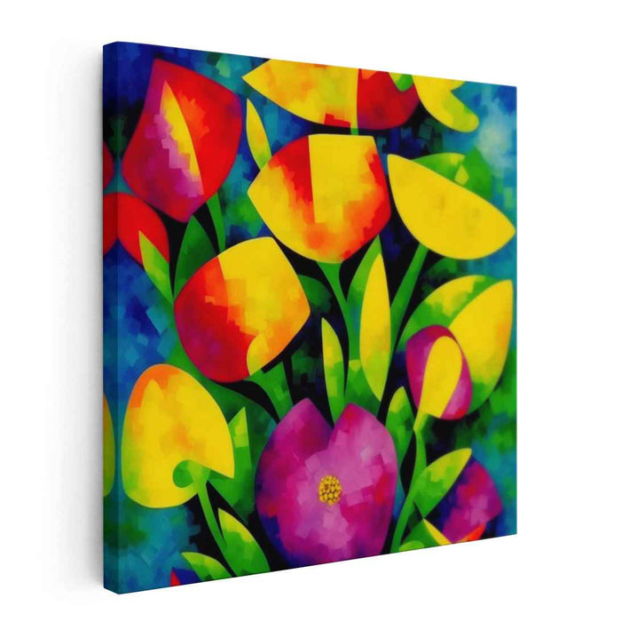 Geometric Blossom Blast: Cubist Floral Explosion Canvas Art Print