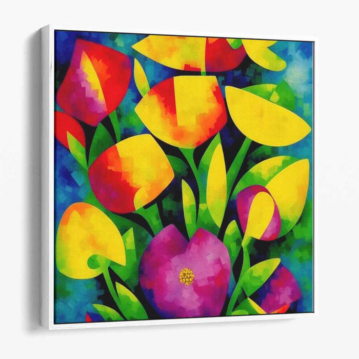 Geometric Blossom Blast: Cubist Floral Explosion Canvas Art Print