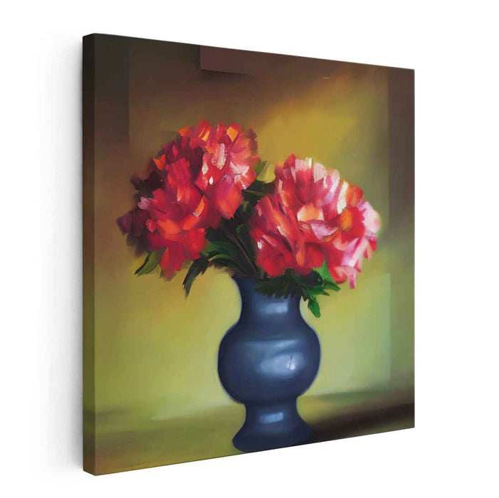 Crimson Blooms Echo: Red Peonies in Blue Vase Still Life Canvas Art Print