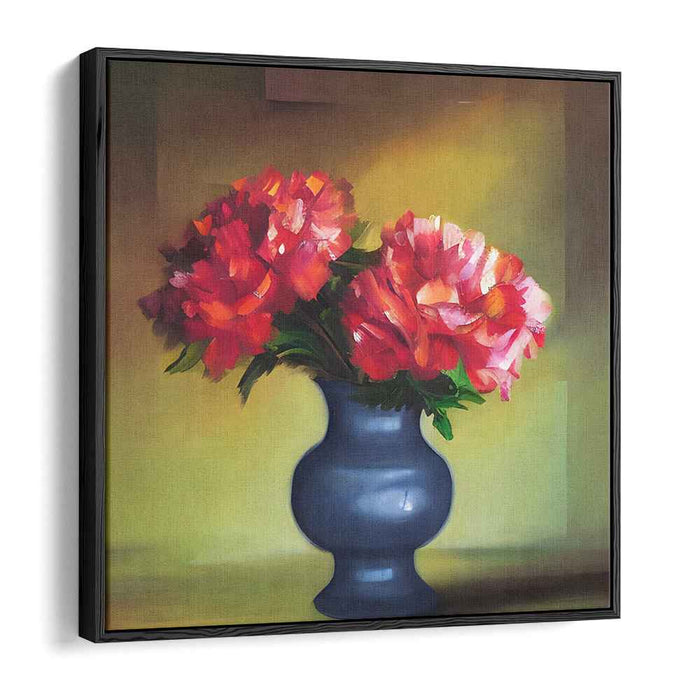 Crimson Blooms Echo: Red Peonies in Blue Vase Still Life Canvas Art Print