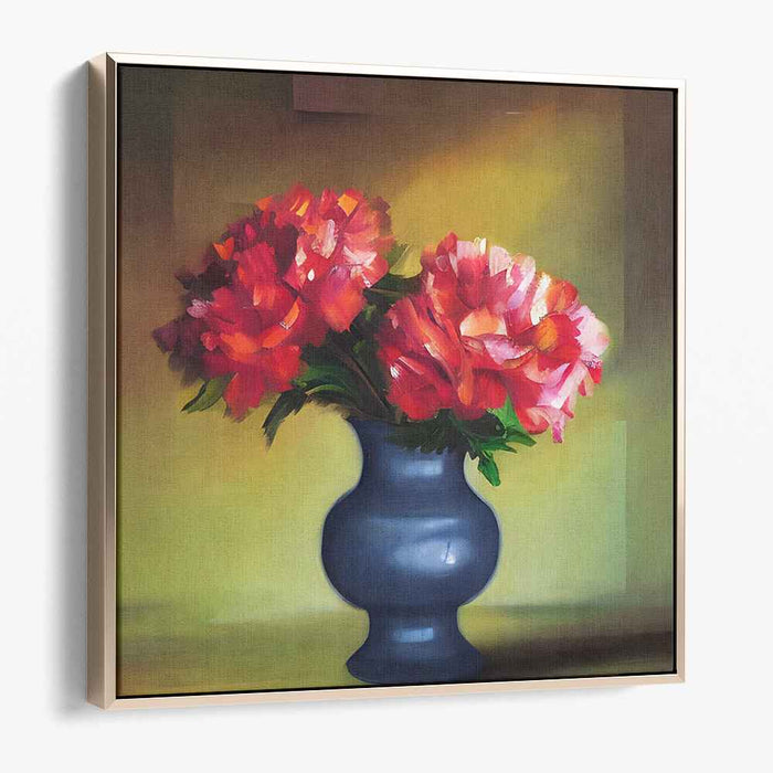 Crimson Blooms Echo: Red Peonies in Blue Vase Still Life Canvas Art Print