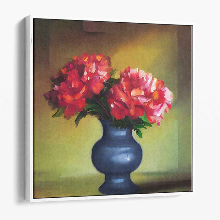 Crimson Blooms Echo: Red Peonies in Blue Vase Still Life Canvas Art Print