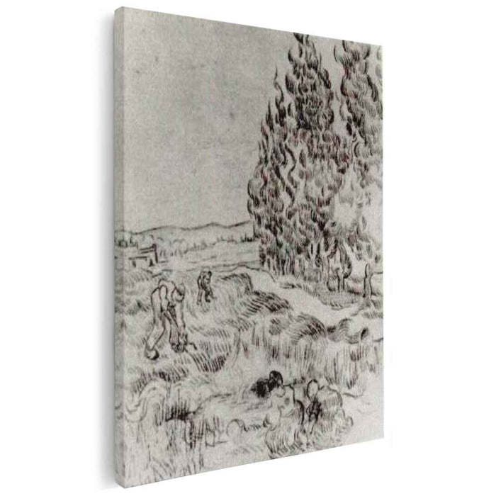 Cypresses with Four People Working in the Field (1890) by Vincent van Gogh