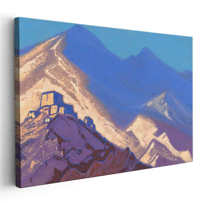 Dark-blue mountains and buildings on the hiil (1940) by Nicholas Roerich