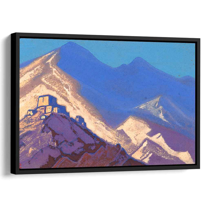 Dark-blue mountains and buildings on the hiil (1940) by Nicholas Roerich