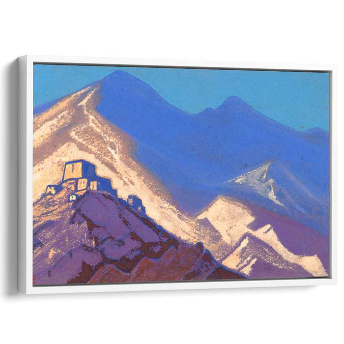 Dark-blue mountains and buildings on the hiil (1940) by Nicholas Roerich