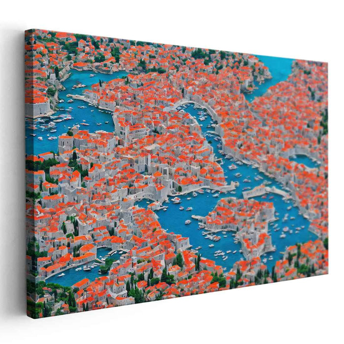 Clay Waves Over Azure Shores: Aerial View of Terra Cotta Rooftops and Turquoise Sea Canvas Art