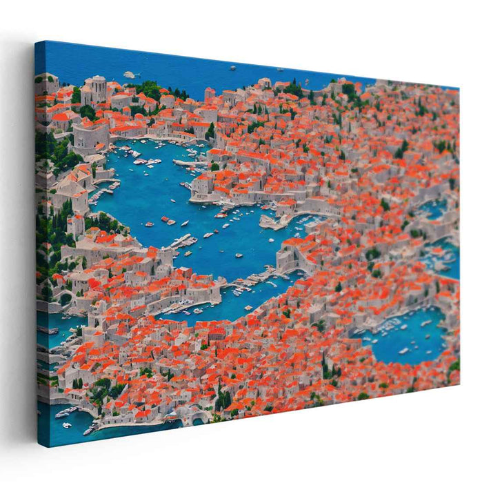 Clay Roofs Below Sea View: Aerial View of Coastal Town with Vibrant Terracotta Rooftops