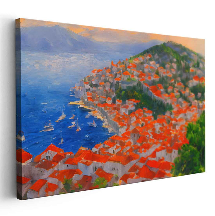 Shoreside Sanctuary: Vibrant Coastal Townscape Canvas Art Print