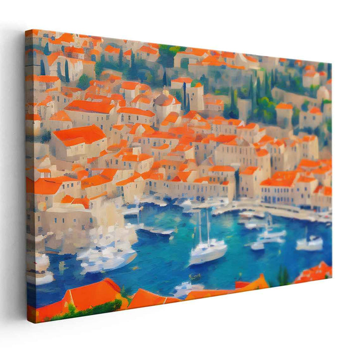 Radiant Coastal Haven: Impressionist Mediterranean Townscape Canvas Art Print