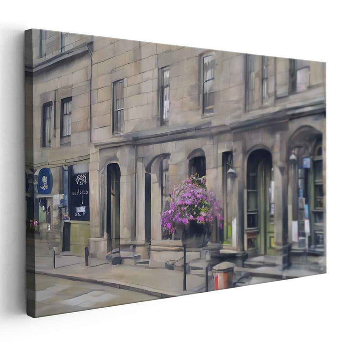 Floral Stone Impressions: Stone Facade with Blooming Flowers Canvas Art Print
