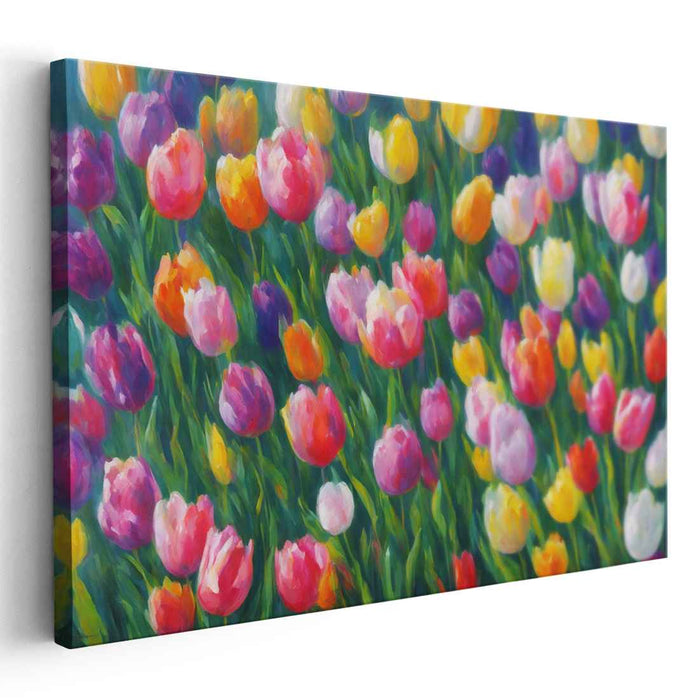 Whimsical Blooms Dance on Canvas: Lively Impressionist Tulip Field Canvas Art Print