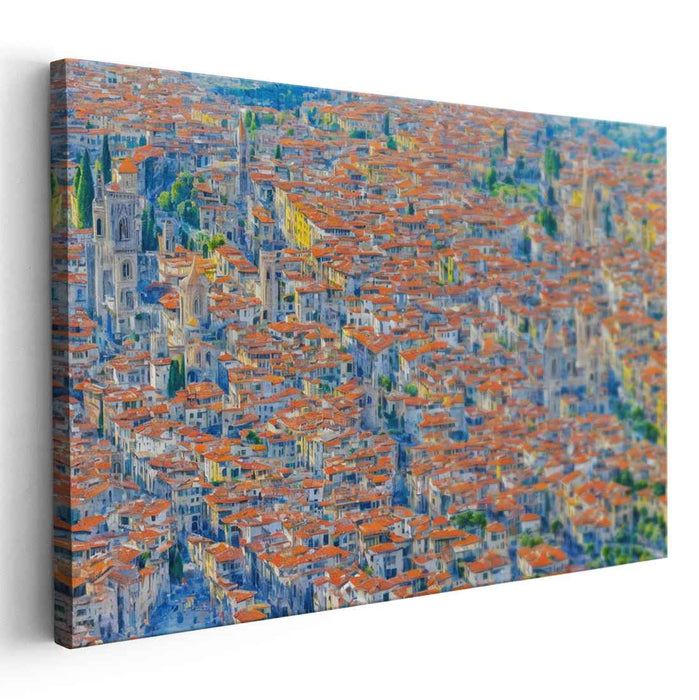 Spectrum Streets Buzzing Brightly: Pointillist-Inspired Cityscape Canvas Art Print
