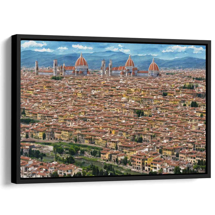 Ethereal Urban Heights Dance: Renaissance-Inspired Aerial Cityscape Art Print