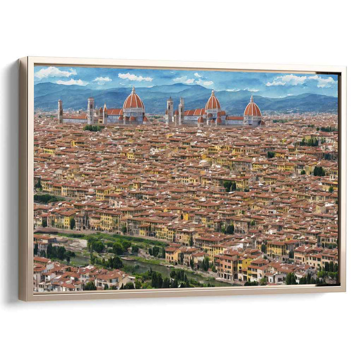 Ethereal Urban Heights Dance: Renaissance-Inspired Aerial Cityscape Art Print