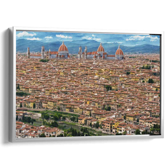 Ethereal Urban Heights Dance: Renaissance-Inspired Aerial Cityscape Art Print