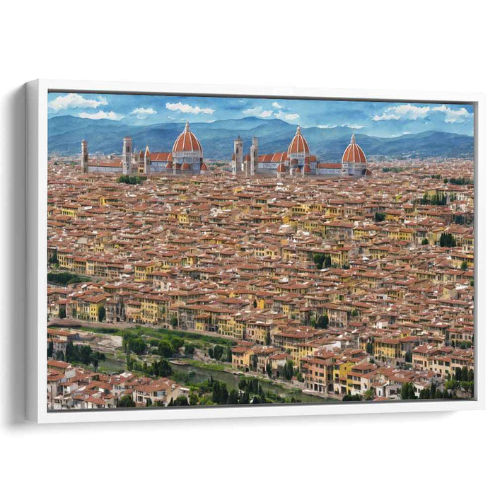 Ethereal Urban Heights Dance: Renaissance-Inspired Aerial Cityscape Art Print
