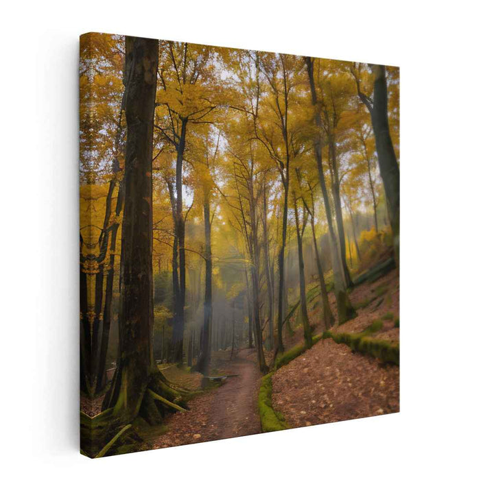 Whispers Of Golden Leaves: Enchanting Autumn Forest Canvas Art Print