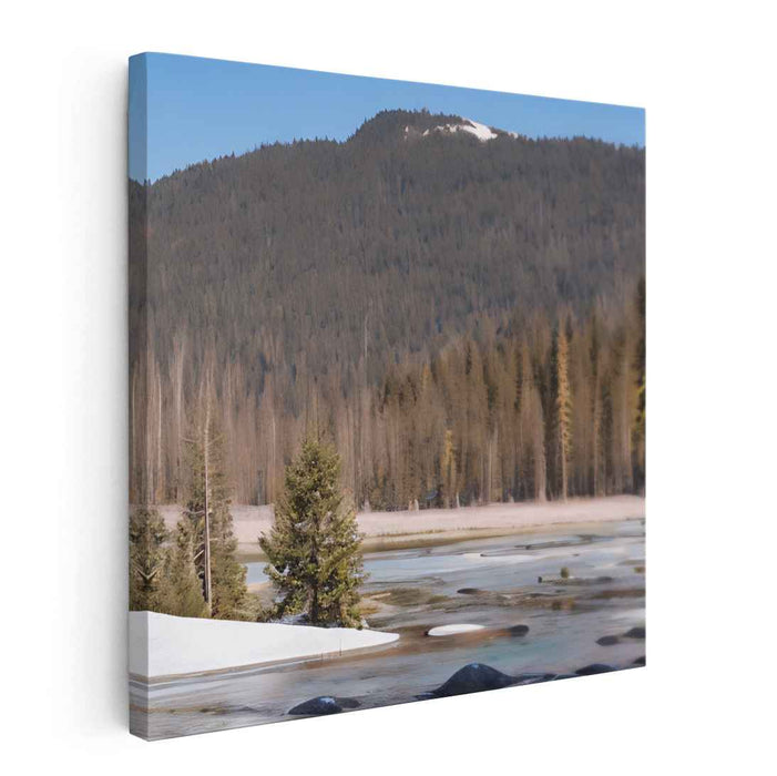 Snowy Peak Tranquility: Tranquil Snow-Capped Mountain and Frozen Lake Landscape