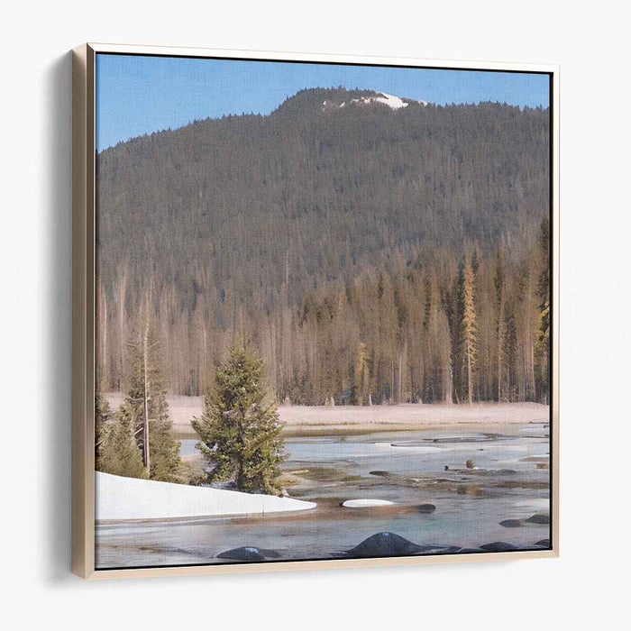 Snowy Peak Tranquility: Tranquil Snow-Capped Mountain and Frozen Lake Landscape