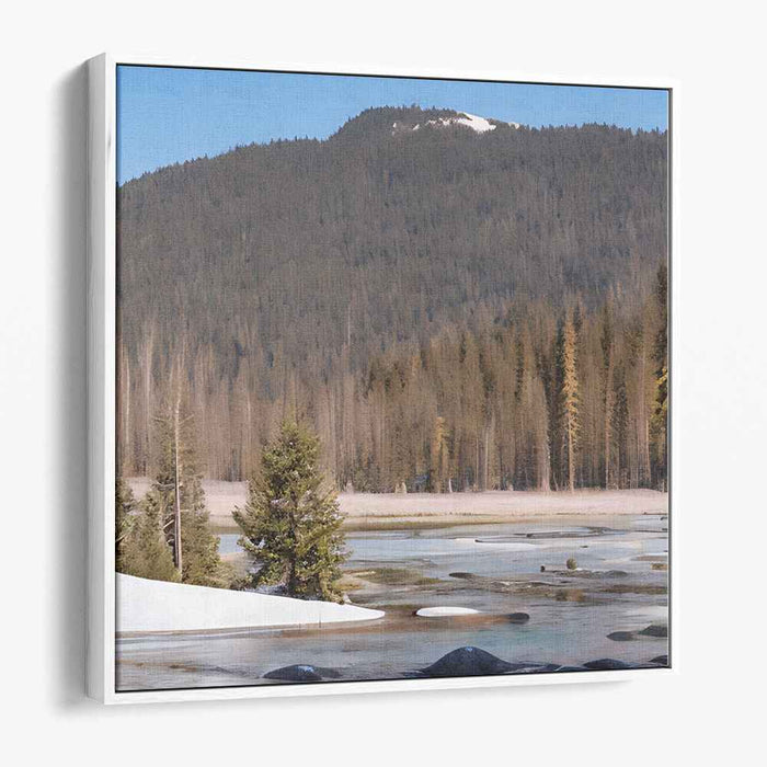 Snowy Peak Tranquility: Tranquil Snow-Capped Mountain and Frozen Lake Landscape
