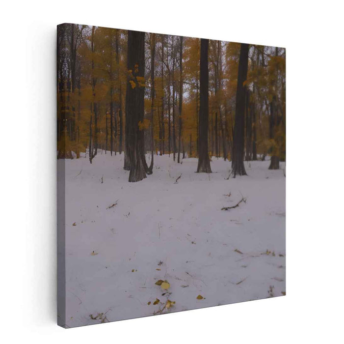 Frost-Kissed Fall Foliage: Realistic Autumn Leaves and Snow Landscape Canvas Art Print