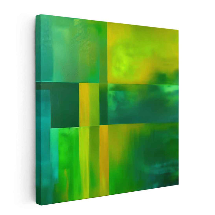 Emerald Geometry Dance: Abstract Geometric Green and Yellow Canvas Art Print
