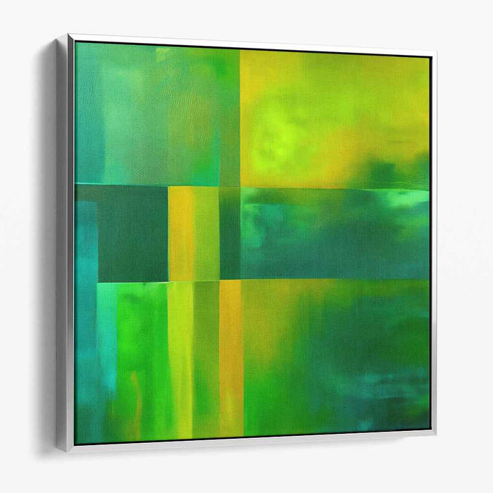Emerald Geometry Dance: Abstract Geometric Green and Yellow Canvas Art Print