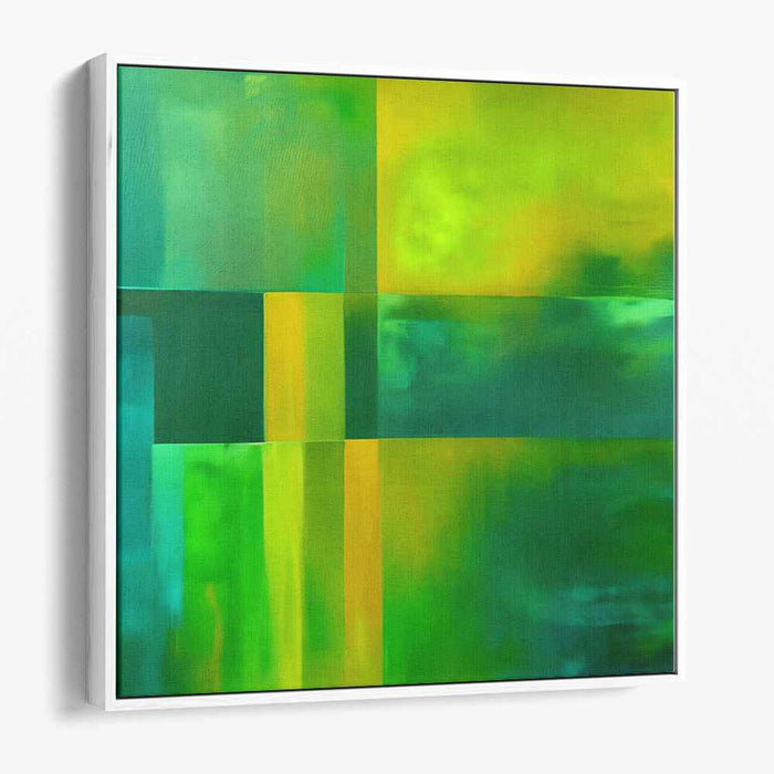 Emerald Geometry Dance: Abstract Geometric Green and Yellow Canvas Art Print