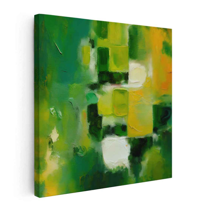 Emerald Sunburst Symphony: Abstract Geometric Green and Yellow Canvas Art Print