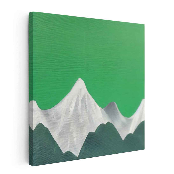 Elevated Contrast: Minimalist Snow-Capped Mountains Against Vibrant Green Sky