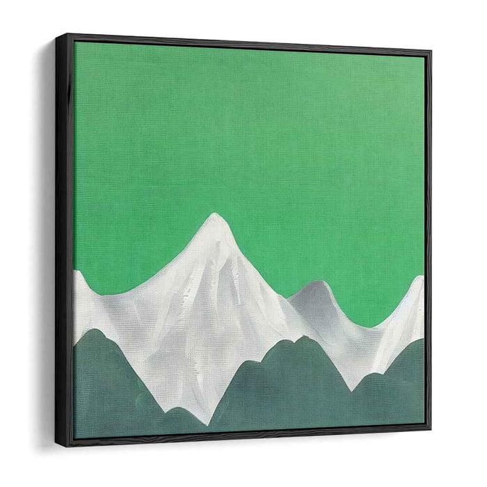 Elevated Contrast: Minimalist Snow-Capped Mountains Against Vibrant Green Sky