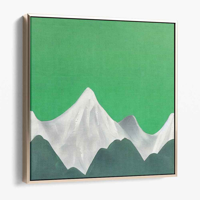 Elevated Contrast: Minimalist Snow-Capped Mountains Against Vibrant Green Sky