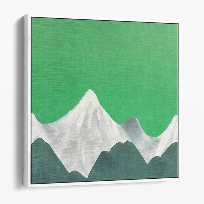 Elevated Contrast: Minimalist Snow-Capped Mountains Against Vibrant Green Sky