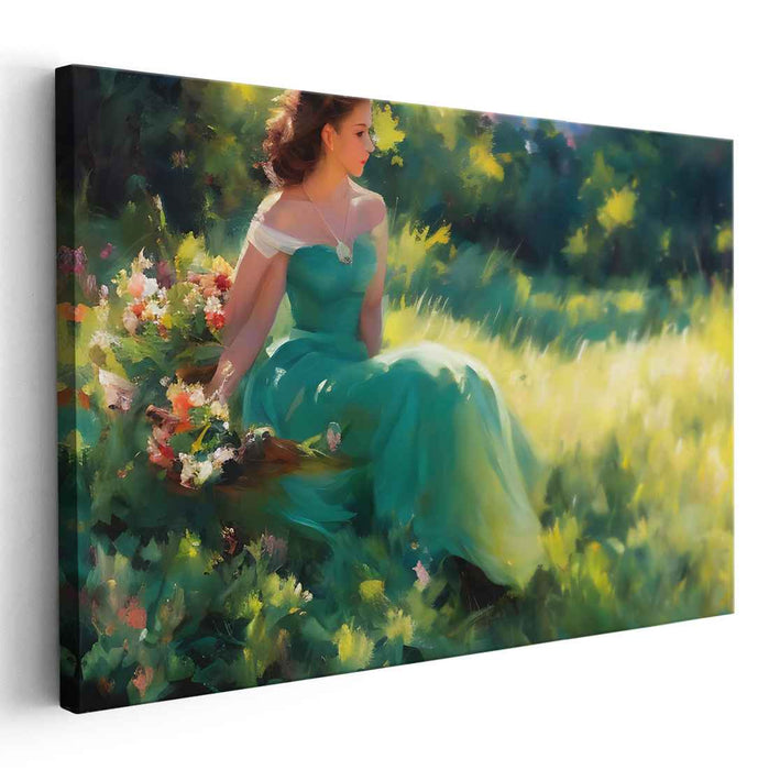 Whispers Among Clover Fields: Serene Lady in Verdant Meadow Canvas Art