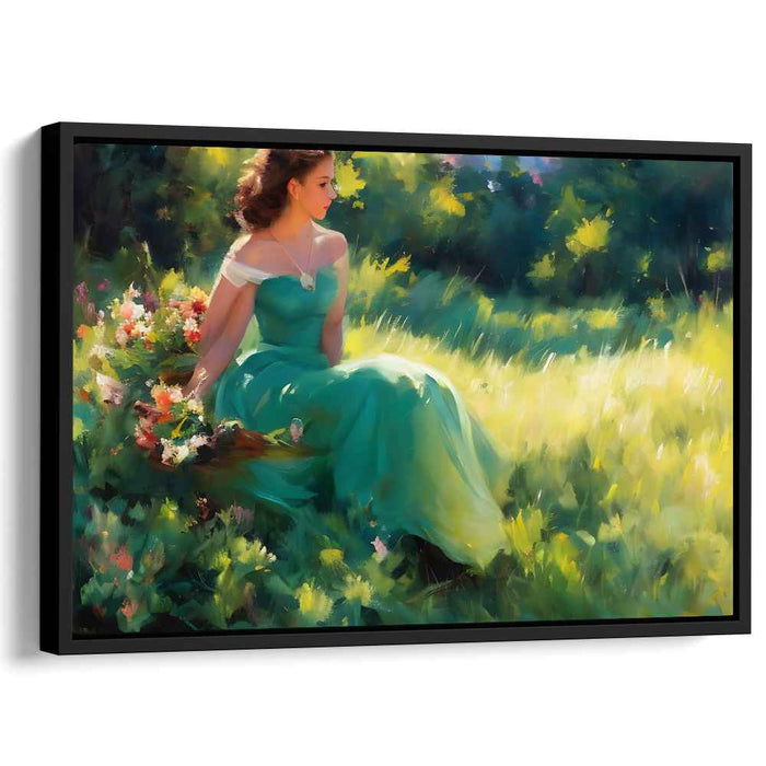 Whispers Among Clover Fields: Serene Lady in Verdant Meadow Canvas Art
