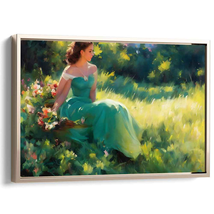 Whispers Among Clover Fields: Serene Lady in Verdant Meadow Canvas Art