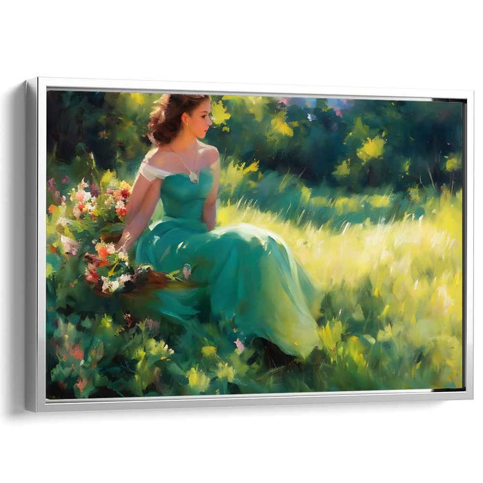 Whispers Among Clover Fields: Serene Lady in Verdant Meadow Canvas Art