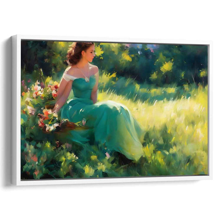 Whispers Among Clover Fields: Serene Lady in Verdant Meadow Canvas Art