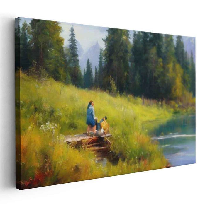 Tranquil Moments: Lakeside Serenity with Woman and Dog Canvas Art Print