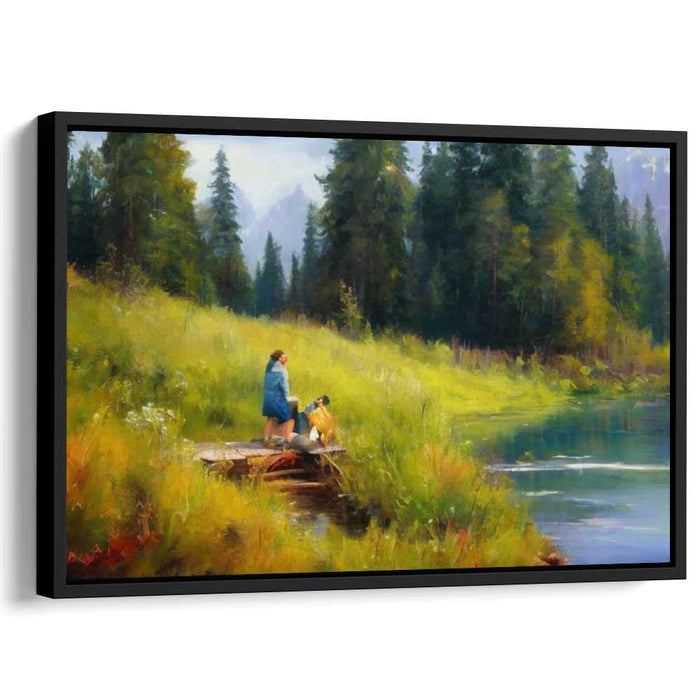 Tranquil Moments: Lakeside Serenity with Woman and Dog Canvas Art Print