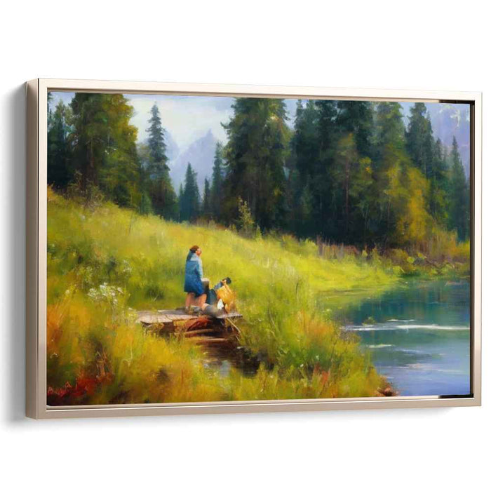 Tranquil Moments: Lakeside Serenity with Woman and Dog Canvas Art Print
